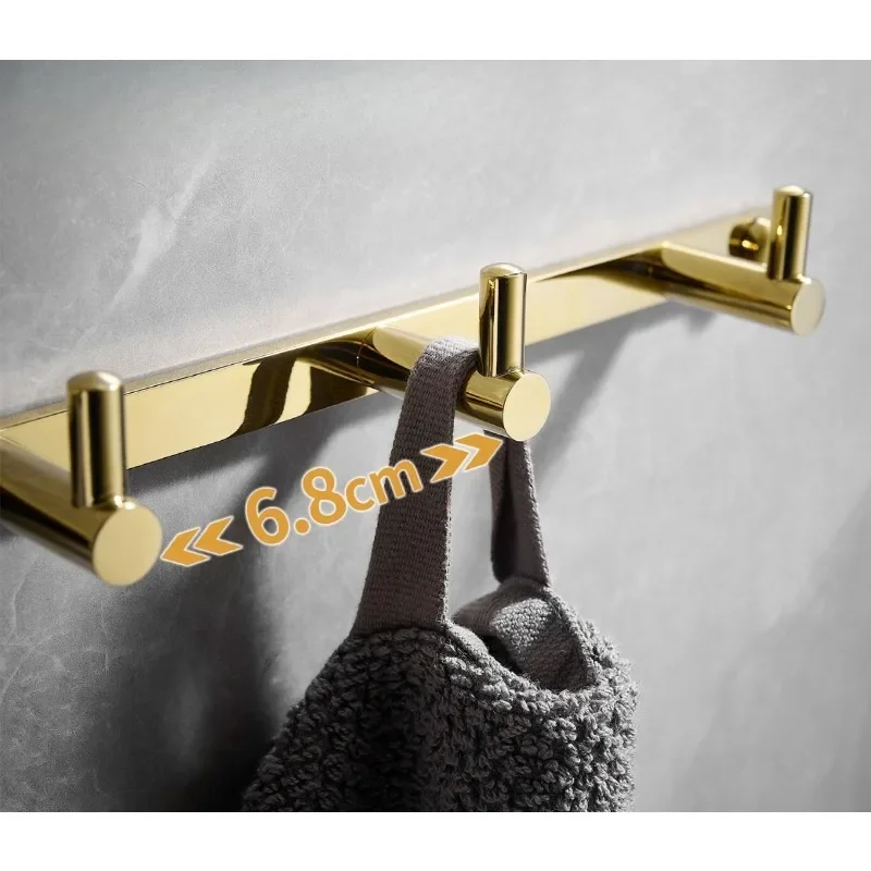 Gold Solid Brass Hook Rack No Drill Wall Mounted Bathroom Coat Hooks Towel Robe Hanger Home Storage Accessories