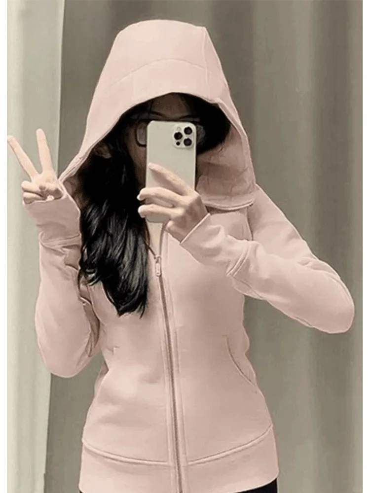 เสื้อคาร์ดิแกนมีฮู้ดสีชมพู ซิปหน้า สำหรับผู้หญิง เสื้อคลุมสวมทับ สปริง/ซัมเมอร์ รุ่นใหม่ ทรงเข้ารูป แขนยาว สี