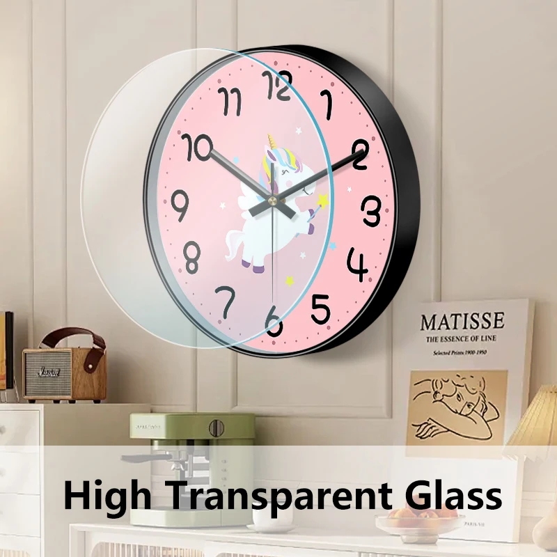 Cartoon Unicorn Wall Clock Non-Ticking Cute Pink Design Easy to Read Round Quartz Clock for Bedroom Nursery Classroom Decor