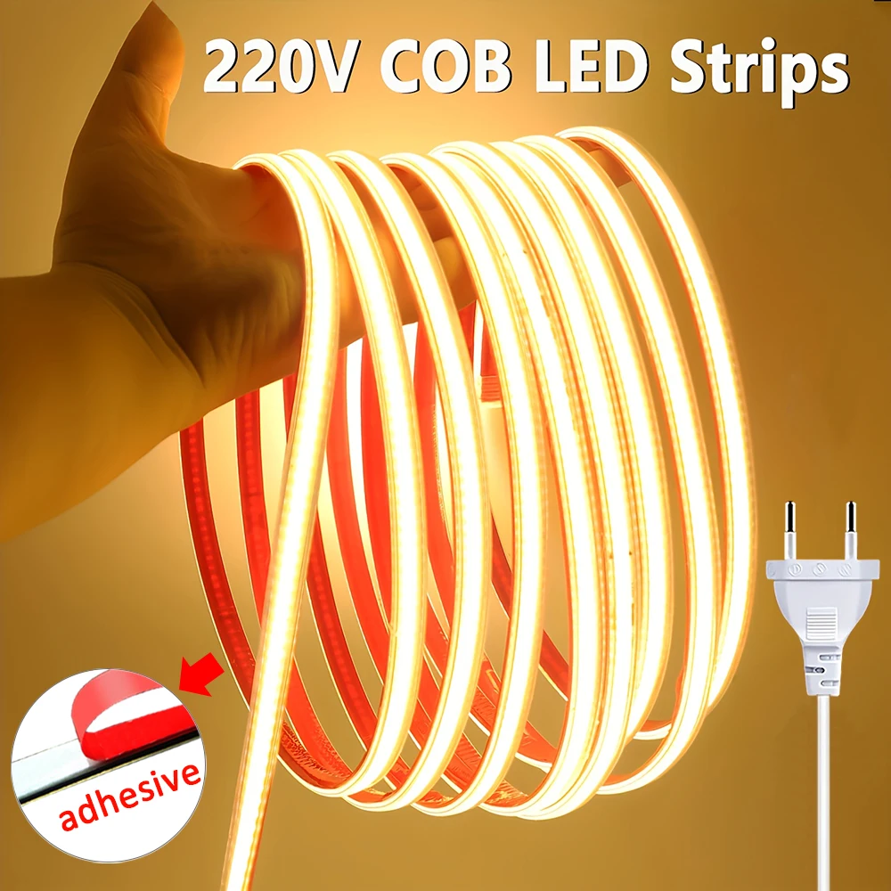 Led Strip 220V Self-adhesive COB Led Strip Lights No Need Driver Flexible Ribbon for Room Kitchen