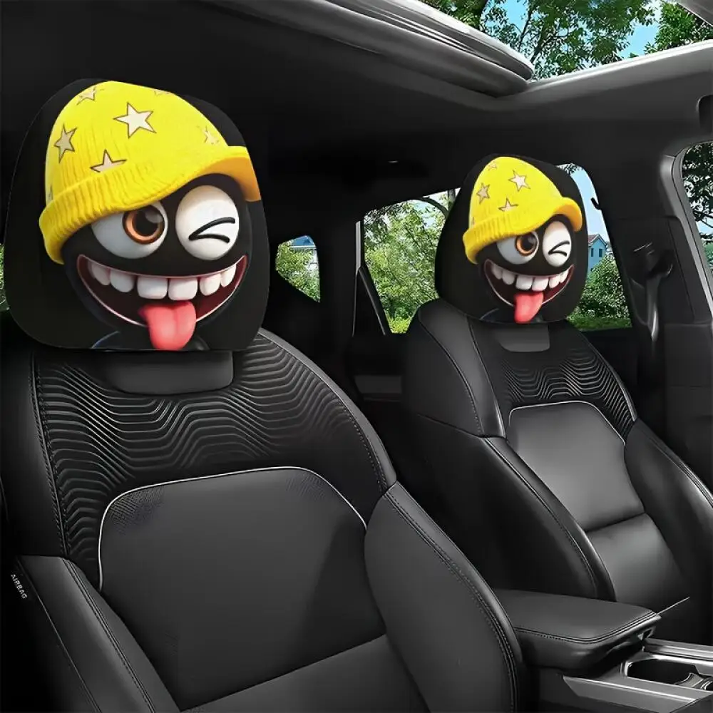 2Pcs Cute Black Coal Ball Car Headrest Covers, Yellow Star Beanie Winking Tongue Out, 2D Printed Elastic Universal Fit