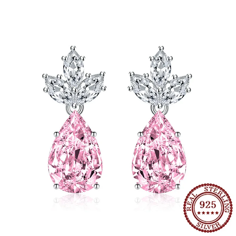 

925 Sterling Silver Temperament Color Treasure Zircon Earrings Fashionable New Sapphire Flower Droplet Shaped Earrings