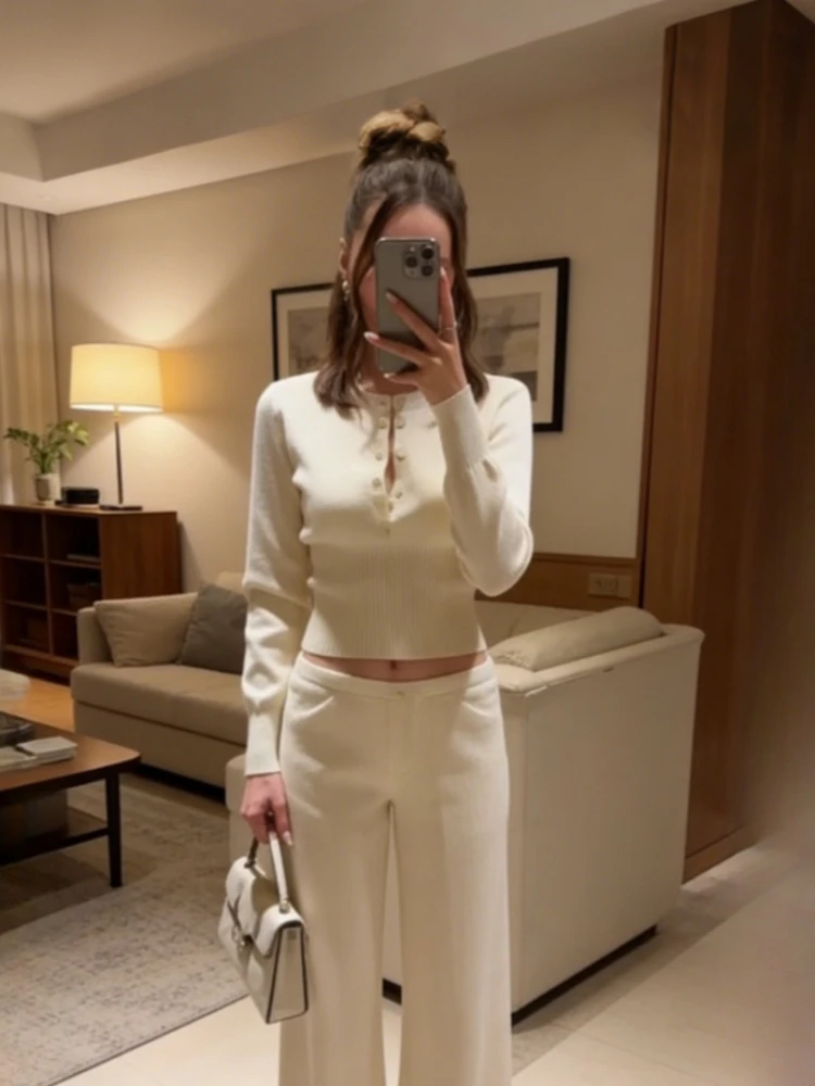 Tsiisd Casual Solid Slim Knit Cardigan Top For Women Round Neck Long Sleeve Ribbed Commuting Cropped Top Female Knit Cardigan