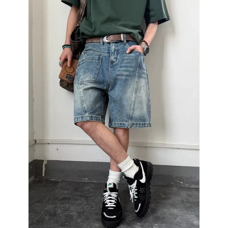 Mens High Waist Stitch Patch Pocket Washed Loose Wide Leg Denim Bermuda Shorts