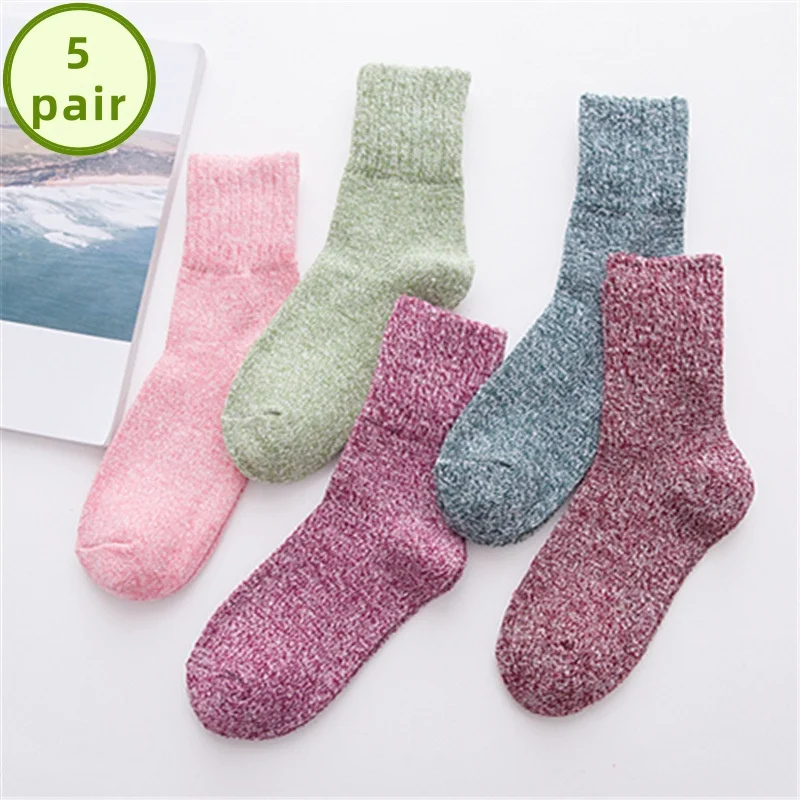 5 Pair Solid Women Socks Classic Simple Winter Wool Thick Warm Breathable Elastic Force Fashion Casual Mid Socks For Female