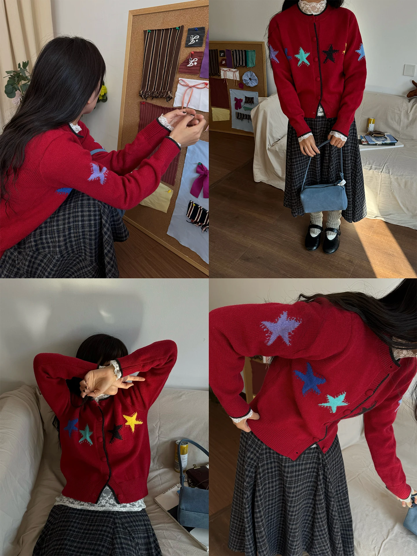 

Красный вязаный кардиган с вышивкой для женщин, весенняя повседневная одежда в корейском стиле, винтажный свитер NIDEBLA с пятиконечной звездой