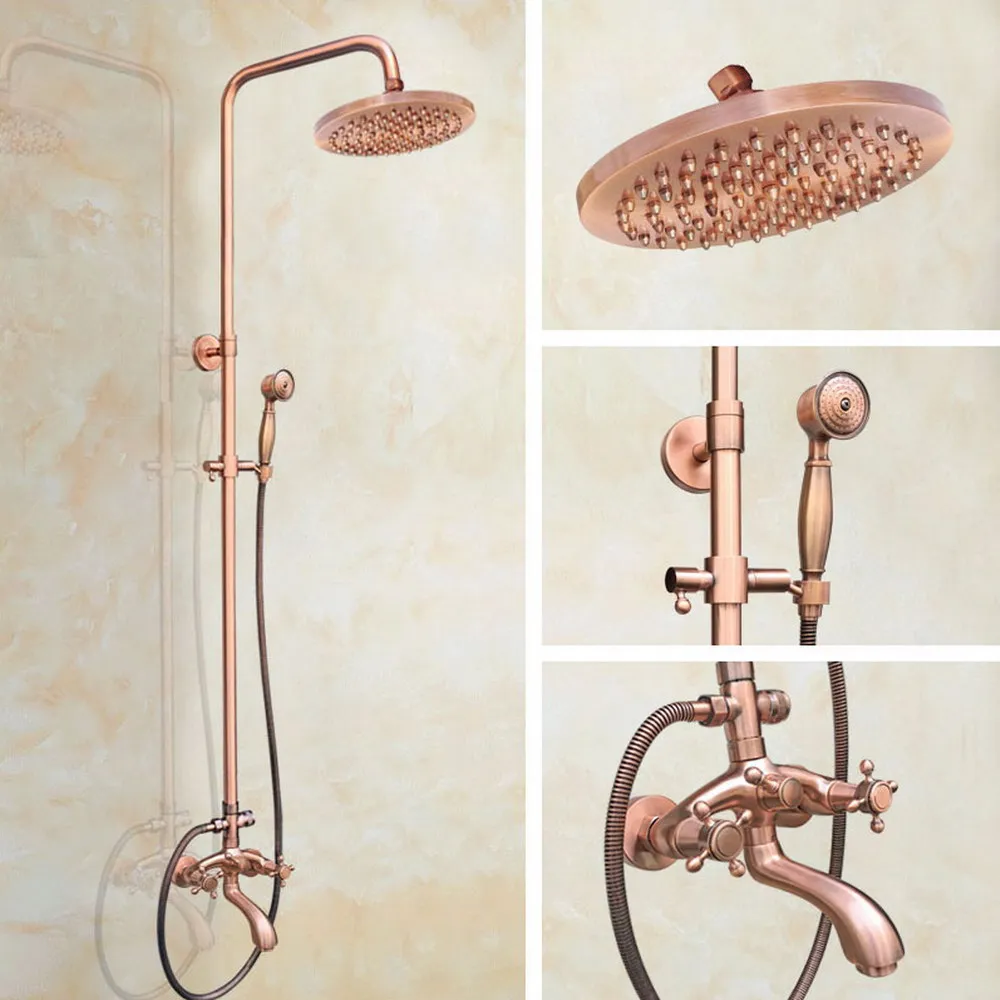 

Antique Red Copper Wall Mount Rain Shower System Hand Shower Head Set Bathtub Dual Cross Handles Tap arg503