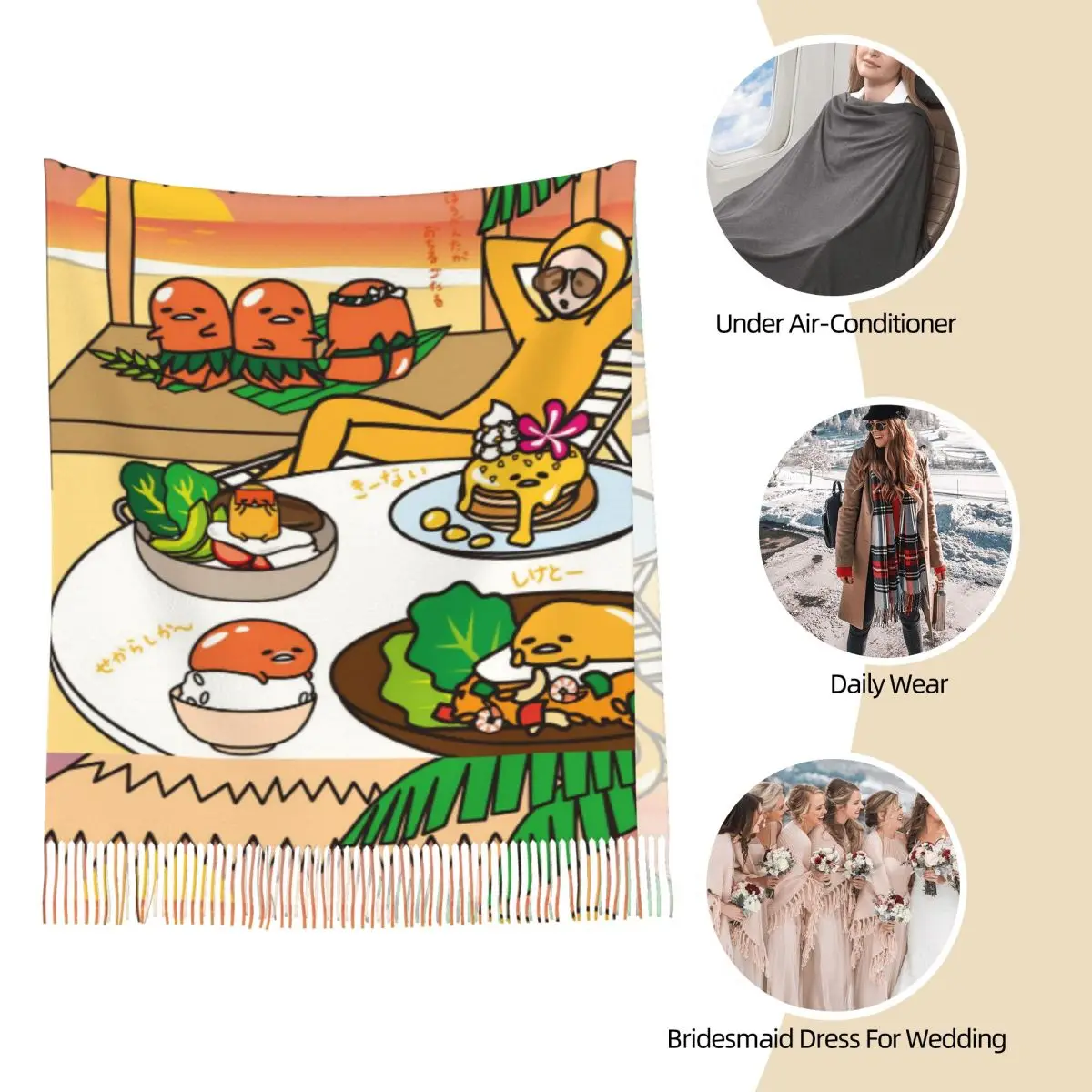 Damessjaal met kwastje Gudetama schattig ei cartoon grote winter warme sjaal wrap geschenken pashmina sjaals
