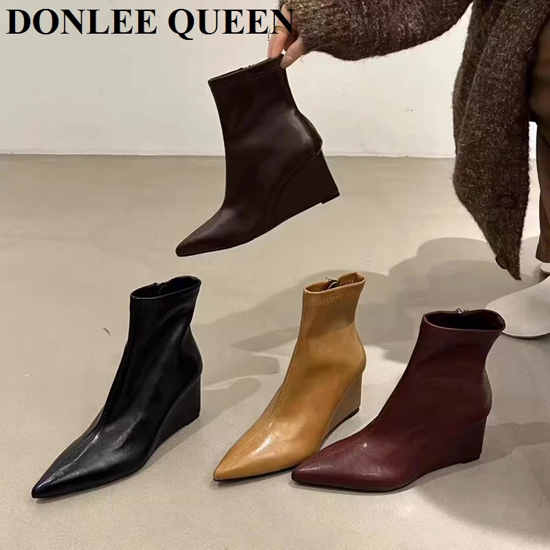 

Lolita Boots Women Wedges Heels Ankle Boots Shoes Clogs Platform Zipper High Heels Pointed Toe Solid Booties Winter Shoes Mujer