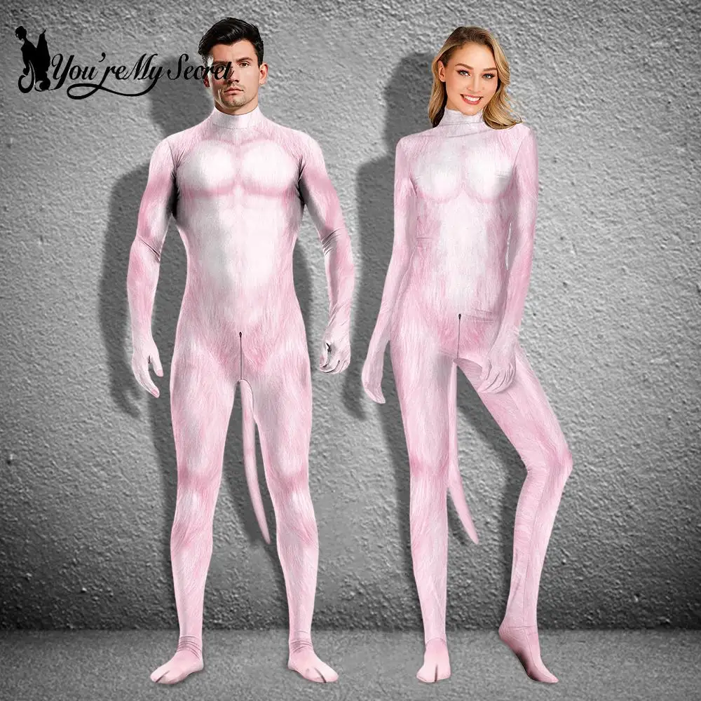 

[You're My Secret] Halloween Unisex Petsuit Cosplay Costumes Animal Huskies Lovely Pink 3D Print Full Bodysuits Zentai with Tail