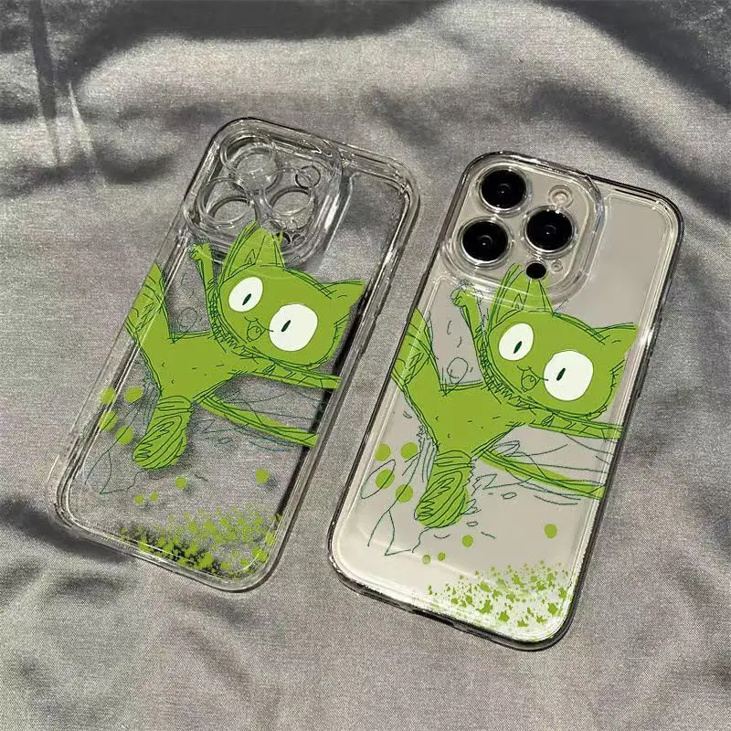 

Прозрачный чехол для телефона Ins Funny Green Cat для iPhone 16, 15, 14, 13, 12, 11 Pro XS Max 7, 8 Plus Advanced Y2K, минималистичный чехол для телефона