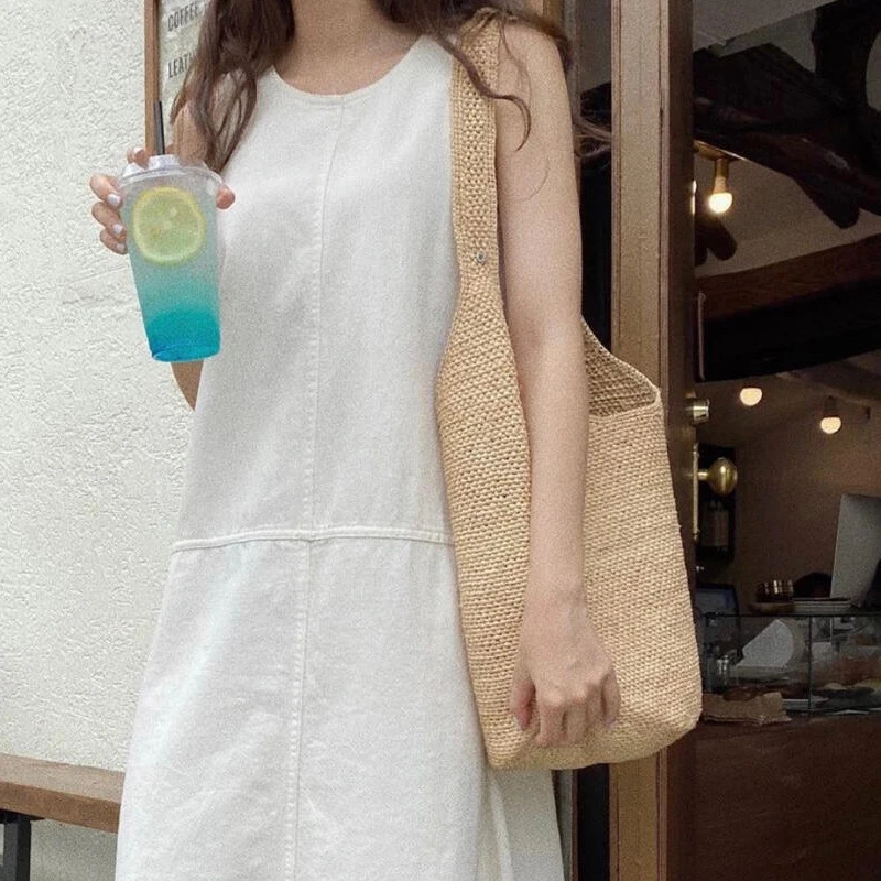 Straw Beach Bags For Women Luxury Designer Handbag And Purse 2024 New In Casual Large Capacity Handmade Weave Bucket Shoulder
