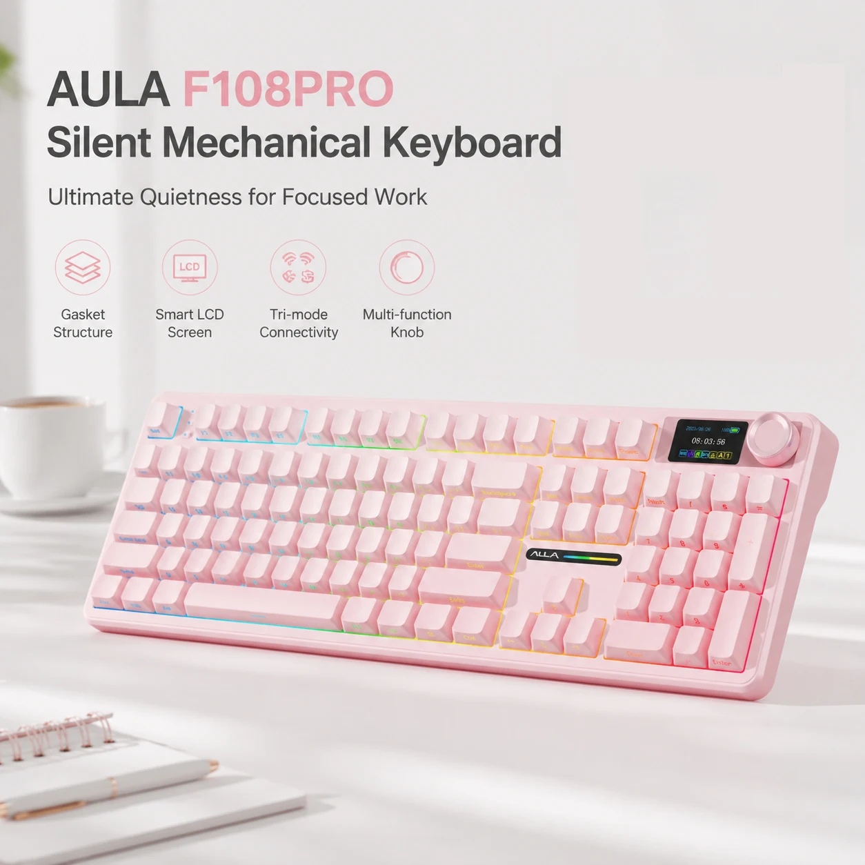 

AULA F108 PRO Mechanical Keyboard Custom Wireless Bluetooth Gaming Keyboard with Screen Knob RGB Backlight