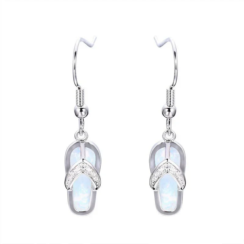 Beautiful White Gold Created  Inlay Simulated Opal Sandal Dangle Earring