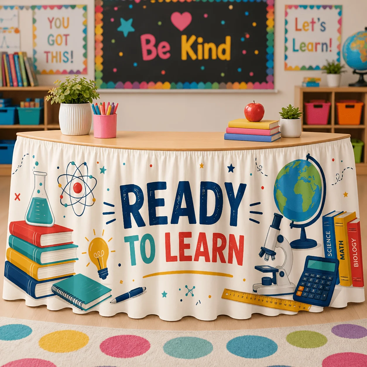 1 tablecloth table skirt, science themed table skirt, ready to learn, education classroom decoration table cover