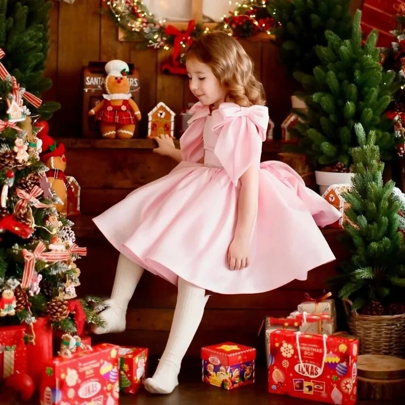 

2026 New Kids Girls Pink Bow Tie Back Princess Dress Vestido Flower Girl Children Banquet Elegant Evening Gown Pageant Costume