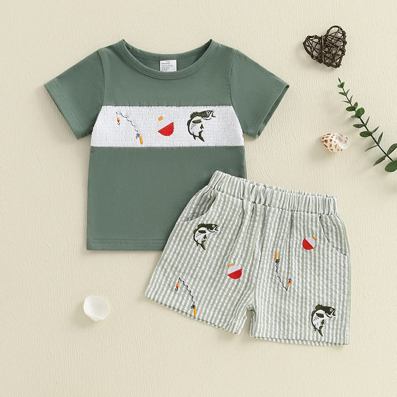 

Toddler Baby Boy Summer Casual Outfit Fish Embroidery Short Sleeve Round Neck T-Shirt + Striped Shorts 2Pcs Set
