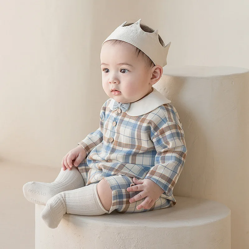 

Весенне-осенние модные комбинезоны с длинным рукавом, универсальные, милые, в клетку, с отложным воротником, в корейском стиле, для детей