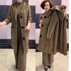 Spring Autumn New Jacquard Twists Hooded Cardigan Sweater Women Long Hooded Single Breasted Knitted Cardigan Coat Ladies M-5XL