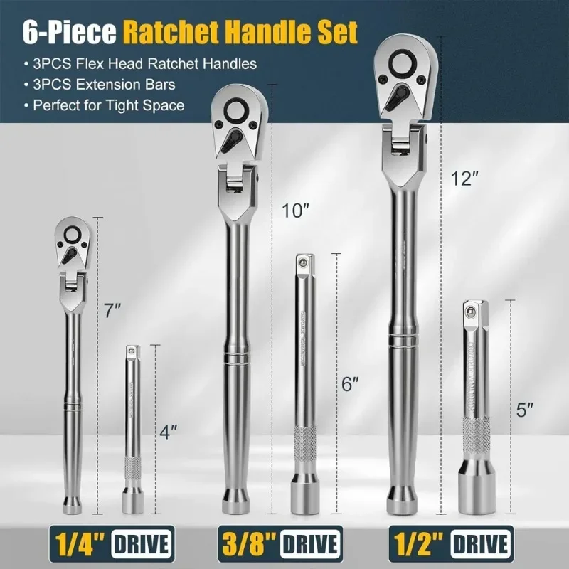 

New Flex Head Ratchet Set 1/4", 3/8", 1/2" Drive 180° Adjustable Swivel Head Ratchet with Extension 72 Teeth 6-Piece Hand Tools