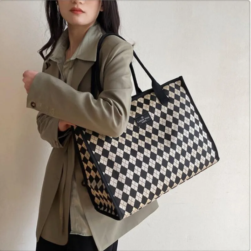 High End Large Capacity Bag For Women Canvas Mom Bag Fashion Plaid One Shoulder Portable Commuting Tote Bag Shopping Bag