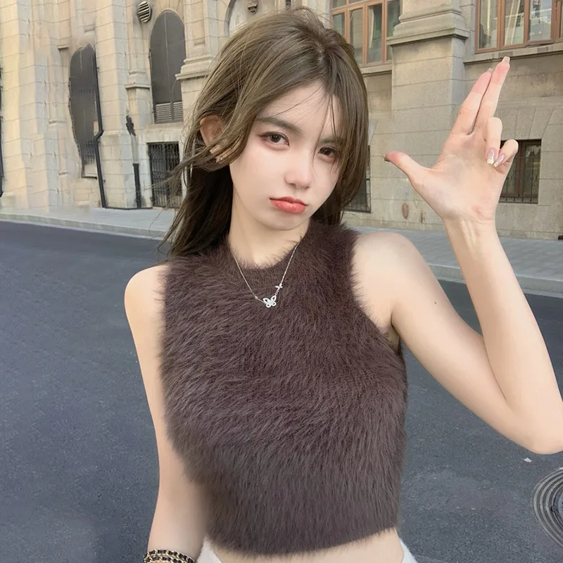 New Korean Sexy Slim Sleeveless Vest  Vintage Soft Mink Fleece Knit Pullovers Crop Sweater Vest Womne Female Tops