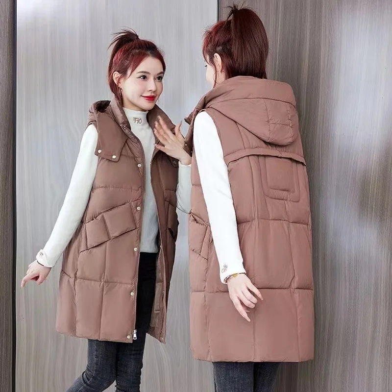 Detachable Hooded Cotton Vest For Women Autumn Winter Jacket Korean Mid Length Vest Sleeveless Jacket Female Waistcoat Tank Tops