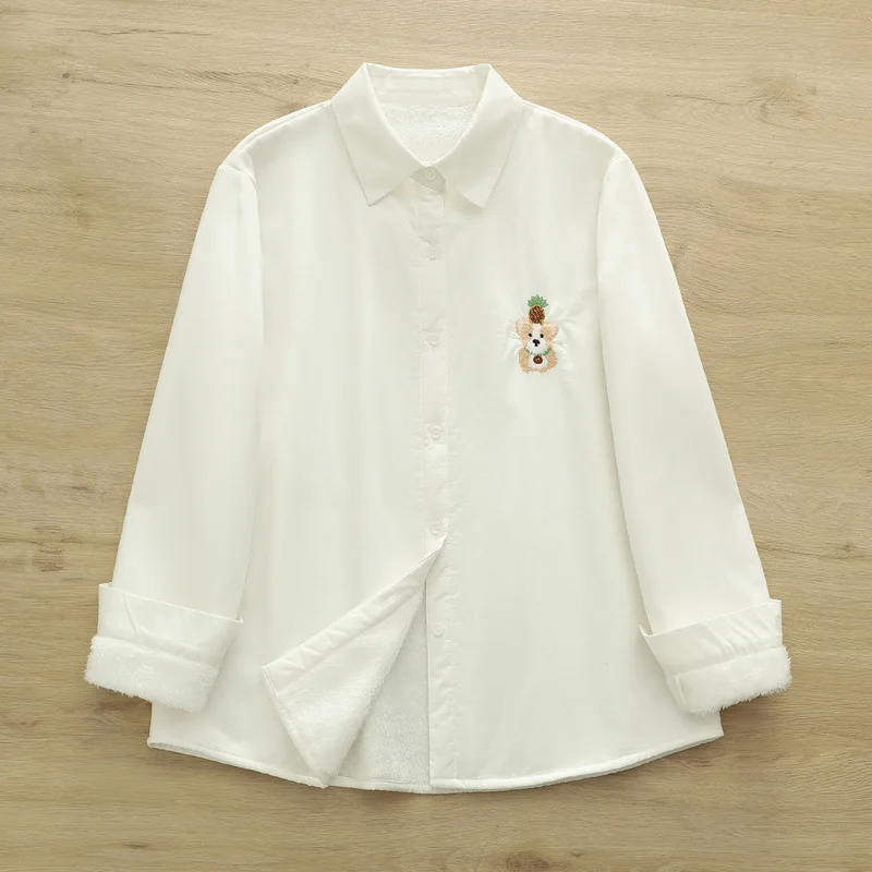 جديد 2025 الخريف قميص قطني بكم طويل الصوف ، المرأة بدوره إلى أسفل طوق التطريز ، موري فتاة الدافئة لطيف بلوزة فضفاضة T59822CC