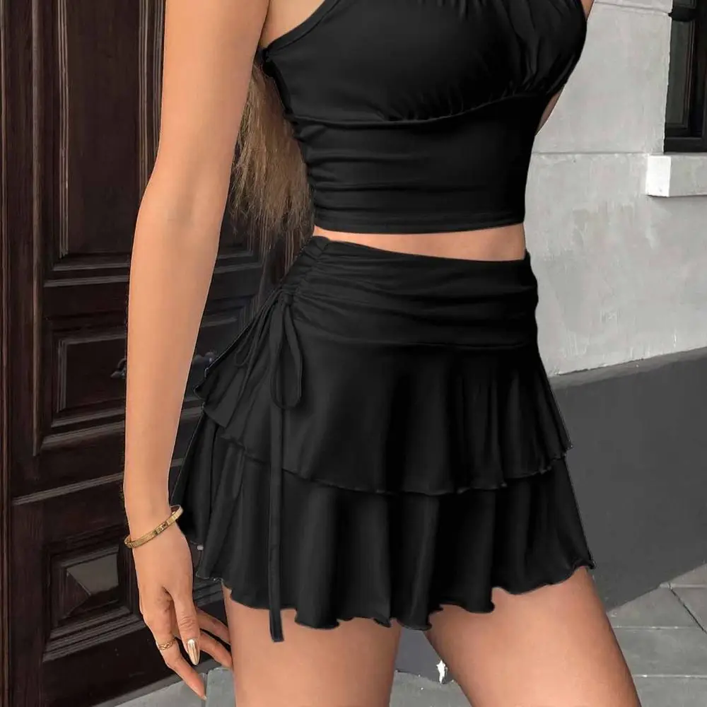 

Korean Style Lace Up Girls Short Mini Skirt Ruffle Slim Fit High Waist A-line Skirt Cake Dress Teens Pleated Mini Skirts Summer