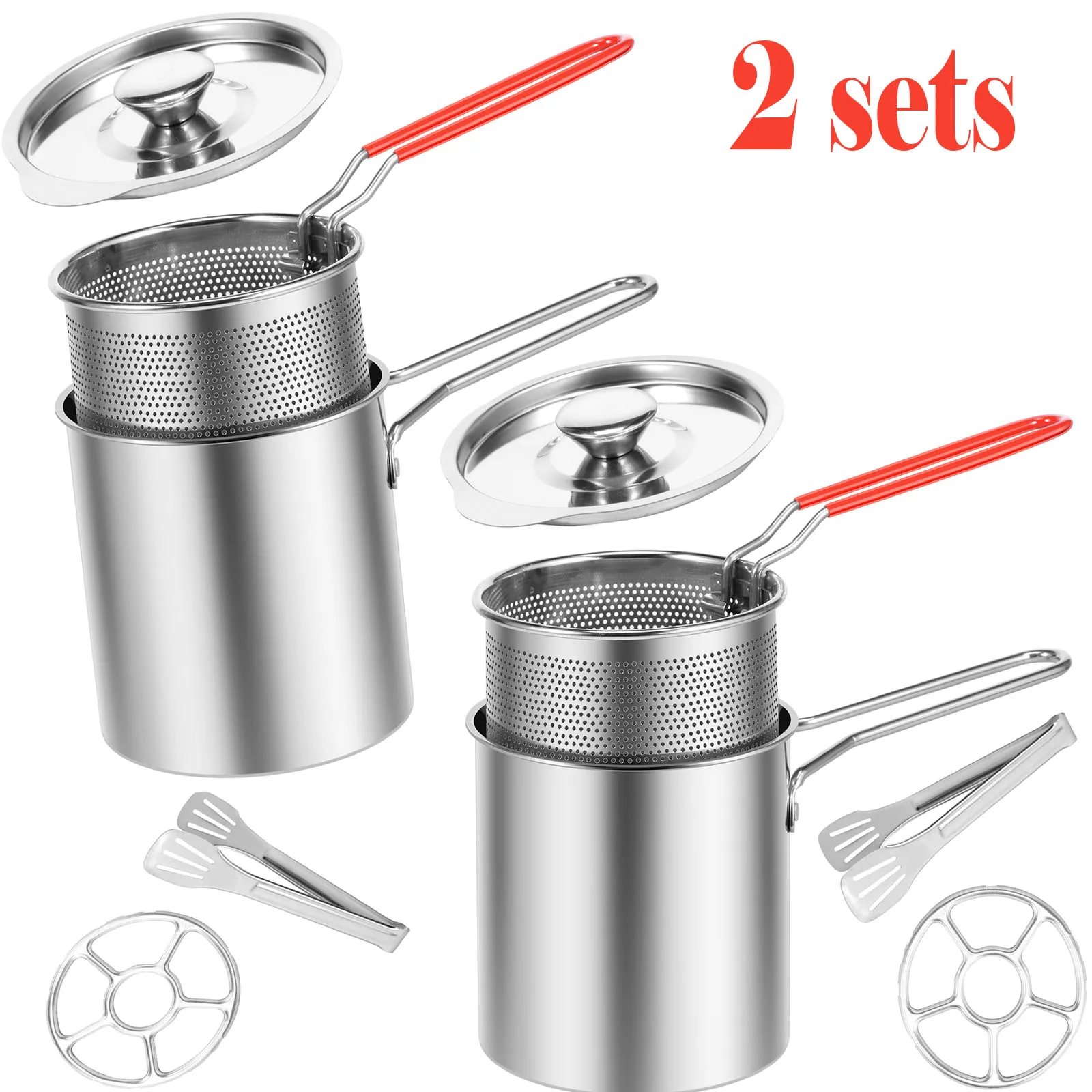 

2 sets Thickeded Deep Fryer Pot w Basket Lid Large Stainless Steel Deep Fryer Pasta Strainer Basket Chicken Fried Food Strainer