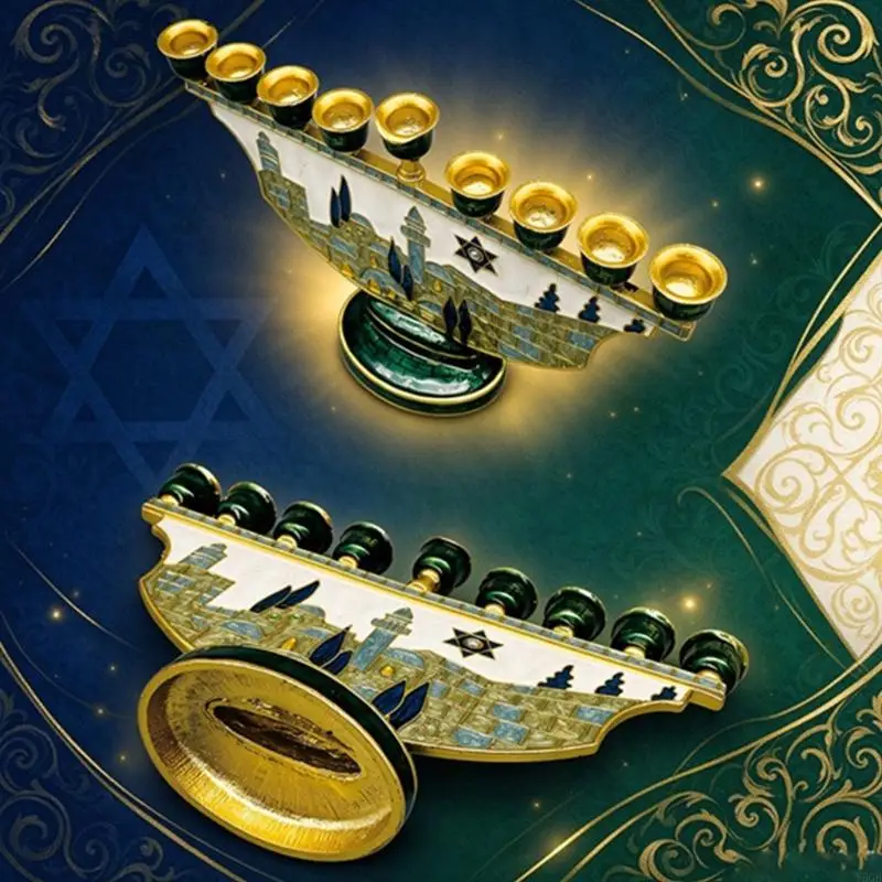 Jerusalem Holders Decorative Judaica 9 Branch Menorah with Freestanding Round Base, Jerusalem-Themed Metal Menorah Y5GB