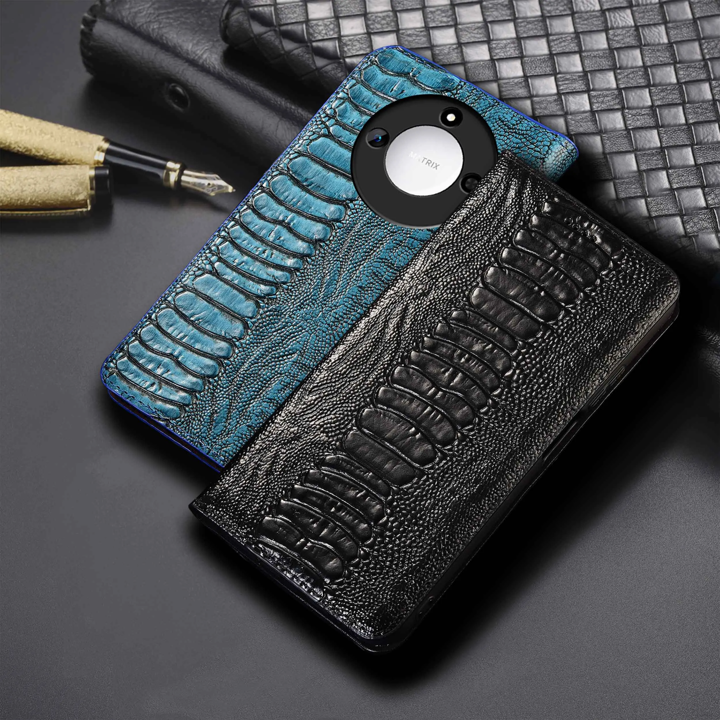 

Чехол-книжка для телефона из натуральной кожи с узором из страусиных ног для Honor X30 X30i X40i X50 X50i X60 X60i X70i Pro Plus GT Max