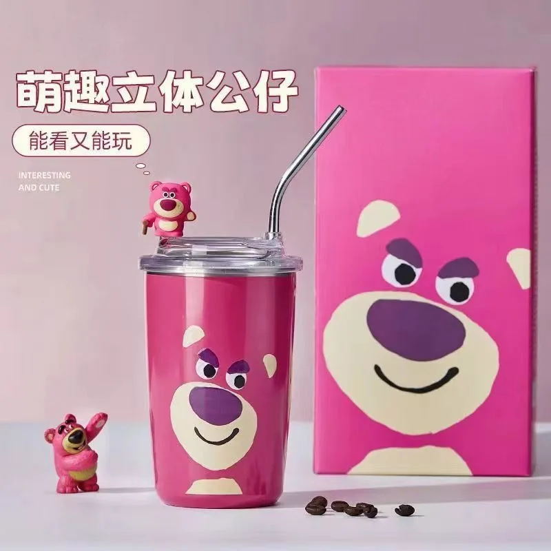 450ml New Disney Lotso Cartoon Stainless Steel Vacuum Cup Cute Water Cup Straw Bottle Office Coffee Cup Birthday Gift For Girls