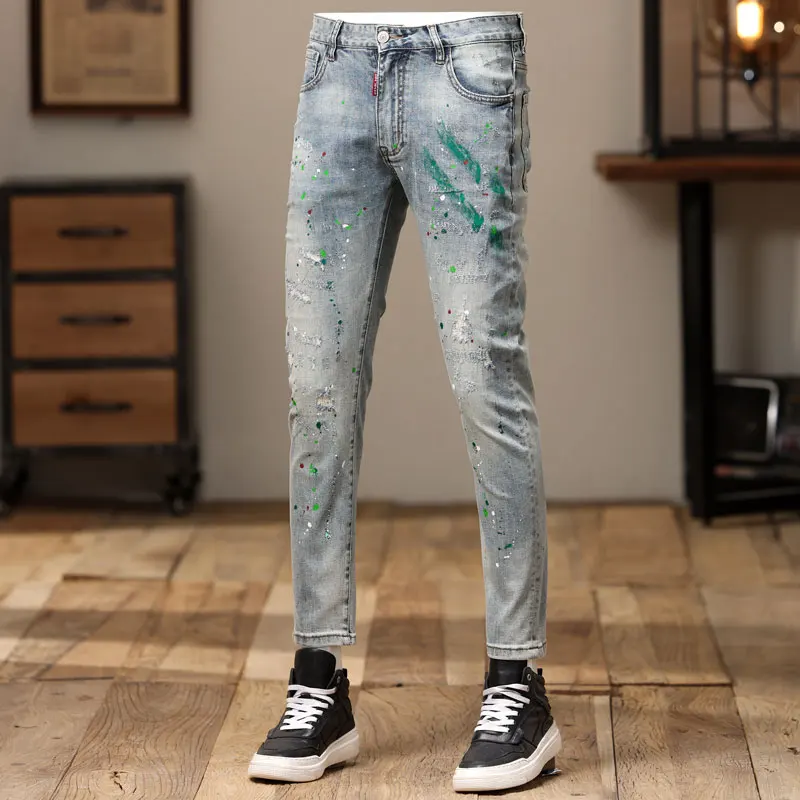 Street Fashion Men Jeans Retro Washed Blue Stretch Slim Fit Printed Ripped Jeans Men Painted Designer Hip Hop Denim Pencil Pants