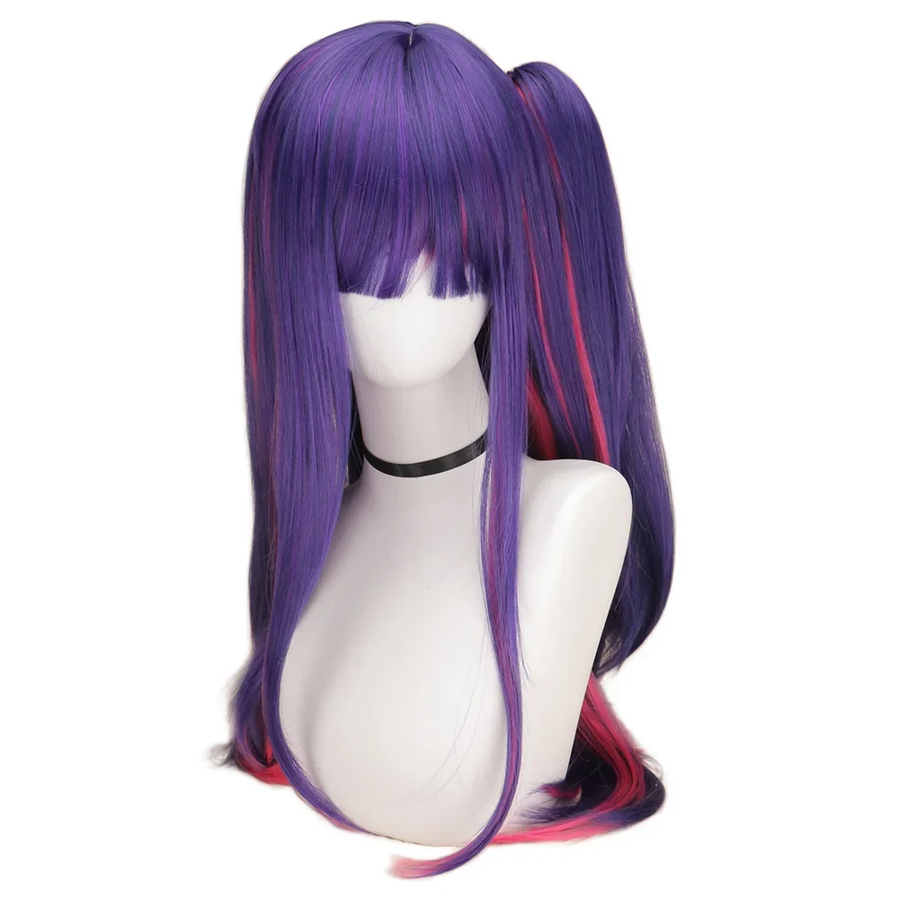 QQXCAIW Synthetic Hair Oshi no Ko Hoshino Ai Cosplay Wig Long Purple Rose pink highlights Ponytail Heat Resistant Wig