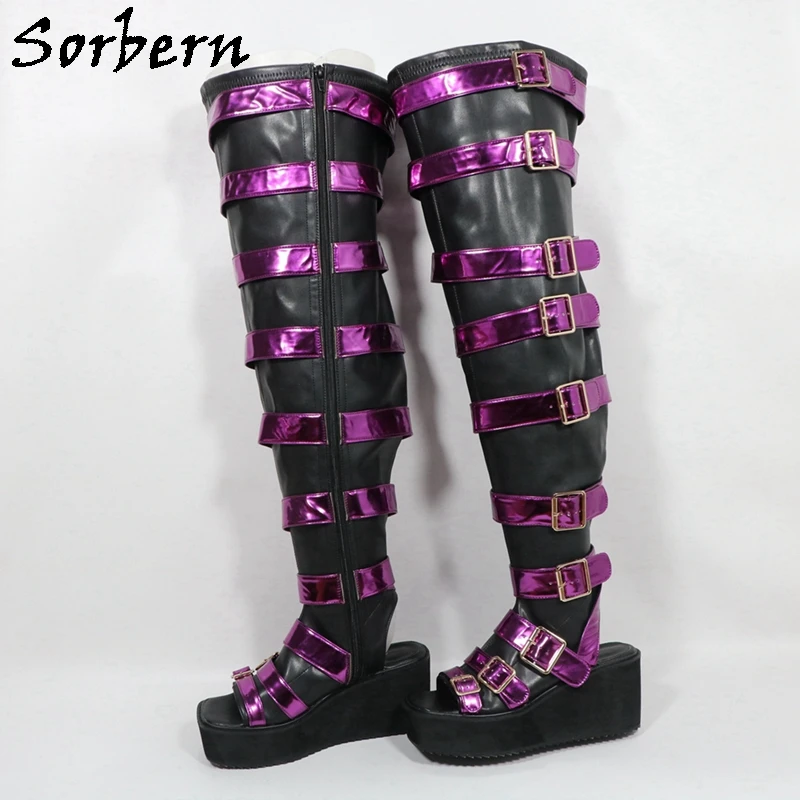 Sorbern Custom Flatform Wedge Boots Unisex Styles Purple Metallic Purple Straps Over The Knee Boots For Women Open Toe Zipper Up