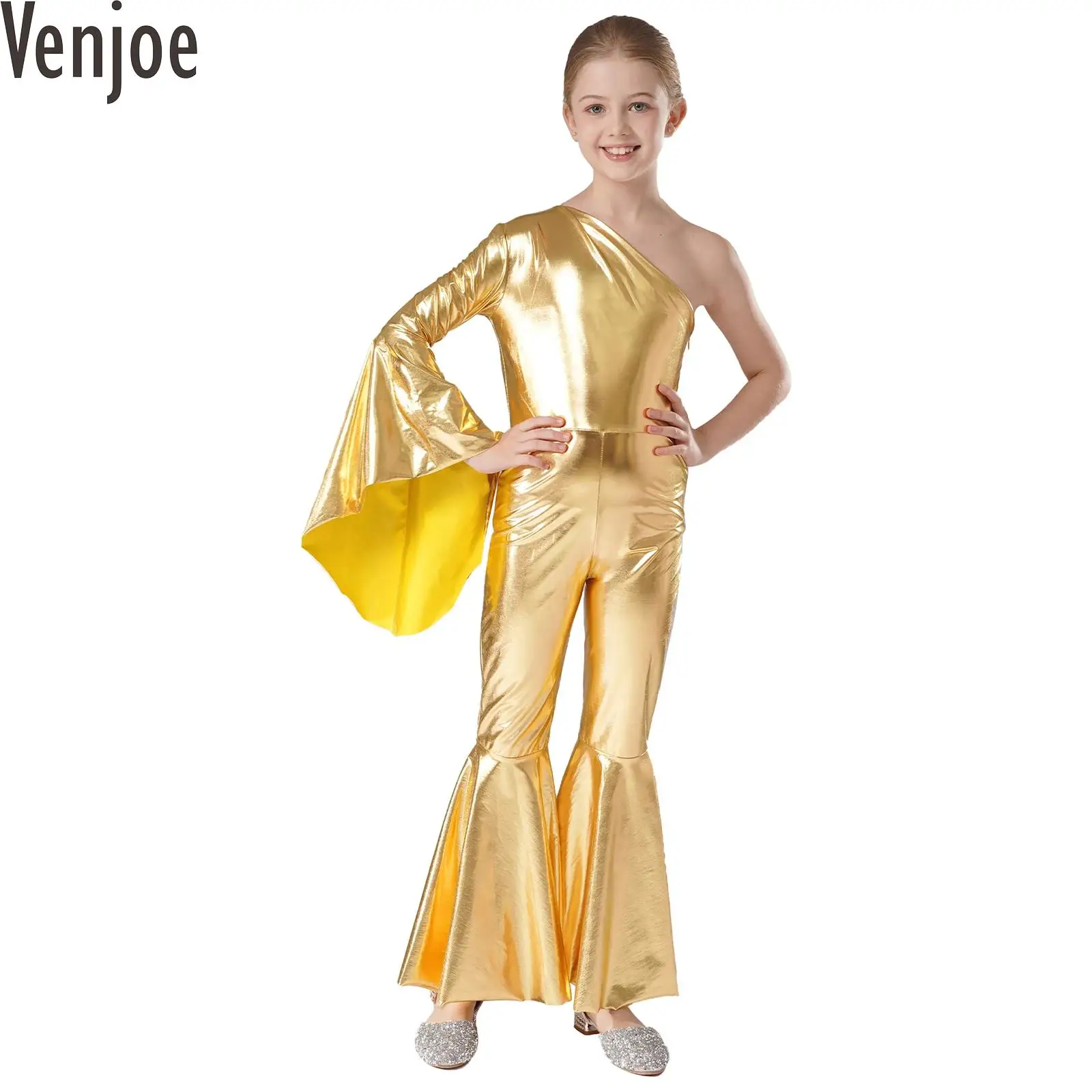 

Детский блестящий металлический комбинезон с расклешенным низом для джазовых танцев для девочек, боди на одно плечо, карнавальный костюм для вечеринки в стиле хиппи 60-х, 70-х годов
