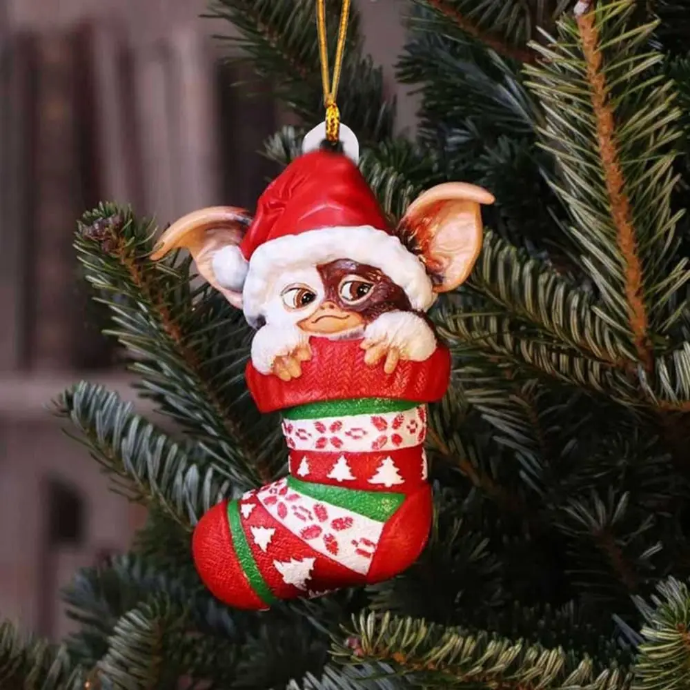 2D Gremlins Santa Hat Socks Dog Acrylic Gremlins Gizmo Puppy Hanging Chrismtas Tree Pendants Christmas Gift