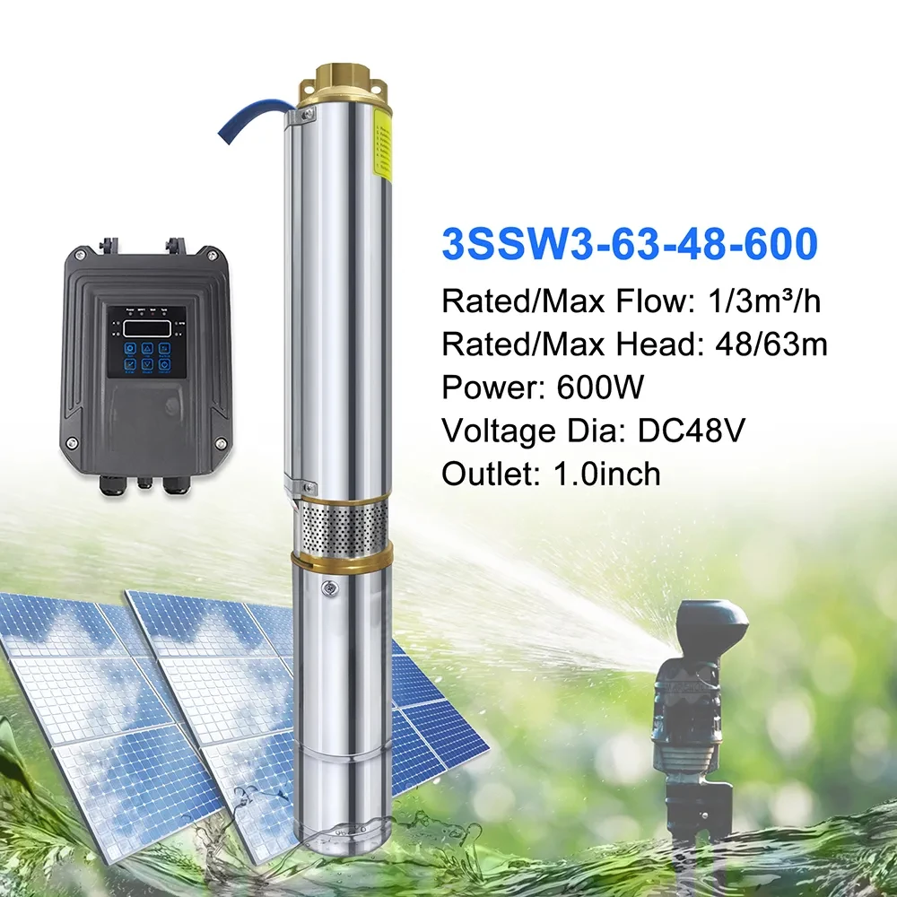 600W High Head and Large Fow Rate Solar DC Deep Well Pump With Controller Solar PV Brushless Agriculture Pump for Irrigation