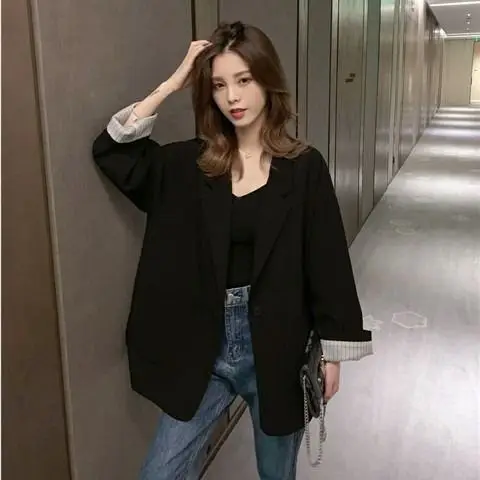 

Blazer Youthful Woman Clothes Back-Slit Aesthetic Sleeved Ins Breathable Creativity Color-Block Leg Graffiti Two-Color Weave