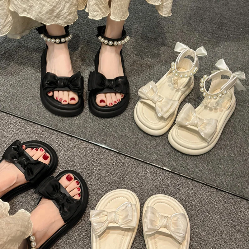 

2024 Summer Clear Heels Bow Shoes All-Match Roman Sandals New Gladiator Retro Girls Scandals Butterfly-knot Rome Clear Heels 202