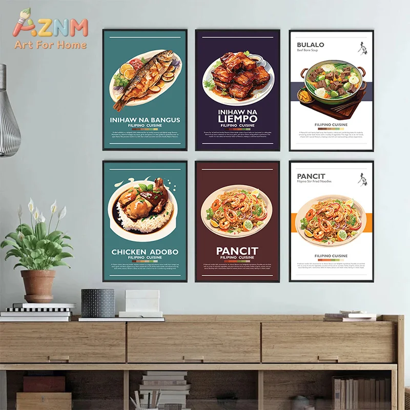 AZNM Frameless Canvas Poster Filipino Food Print, Chicken Adobo Pancit Grilled Meat Seafood Illustration Wall Art Picture for Re