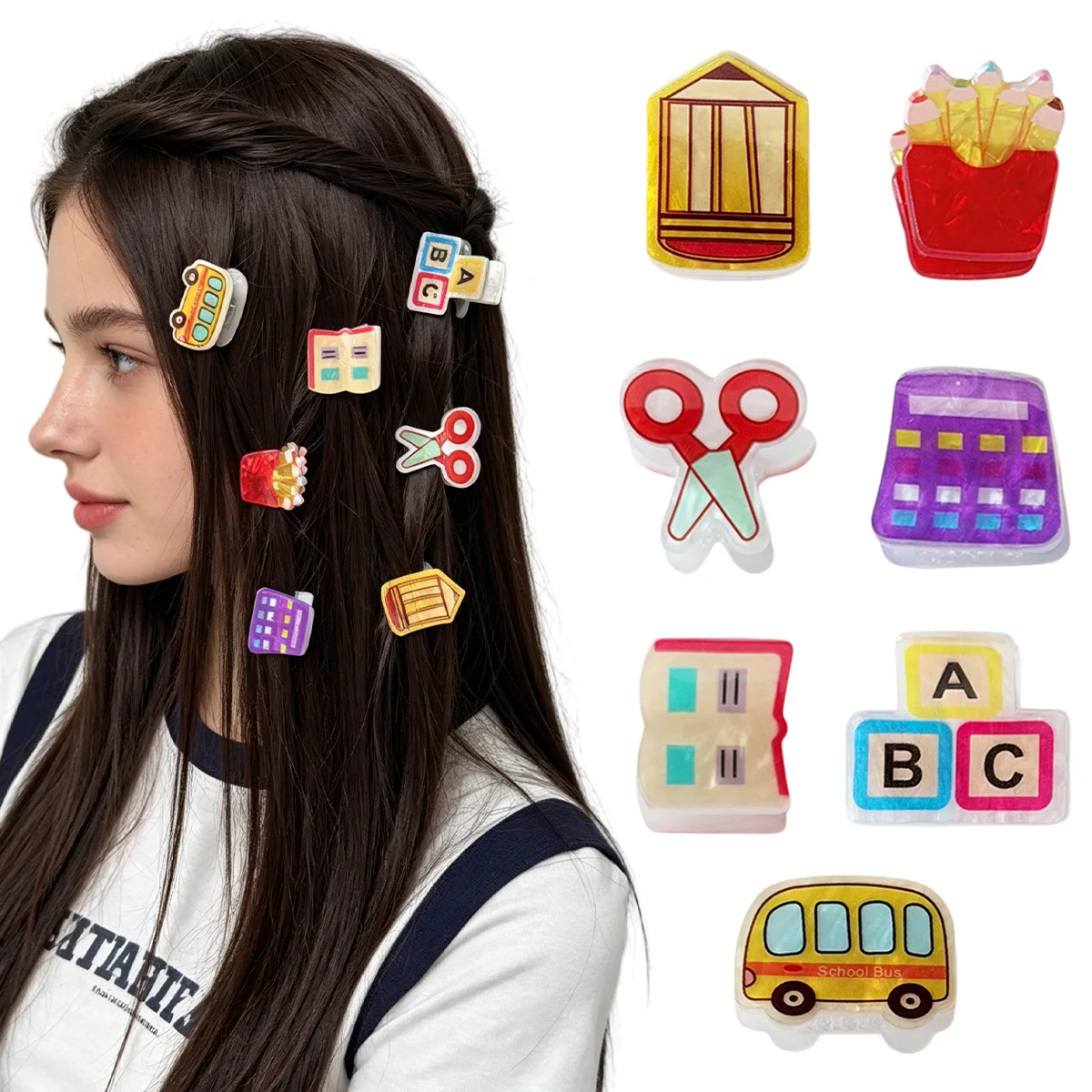 Mini Back-to-School Style Hair Claw Clips, Pencil Book Bus Design Bangs Clips, Cute Accessories for Casual Events & Daily Wear