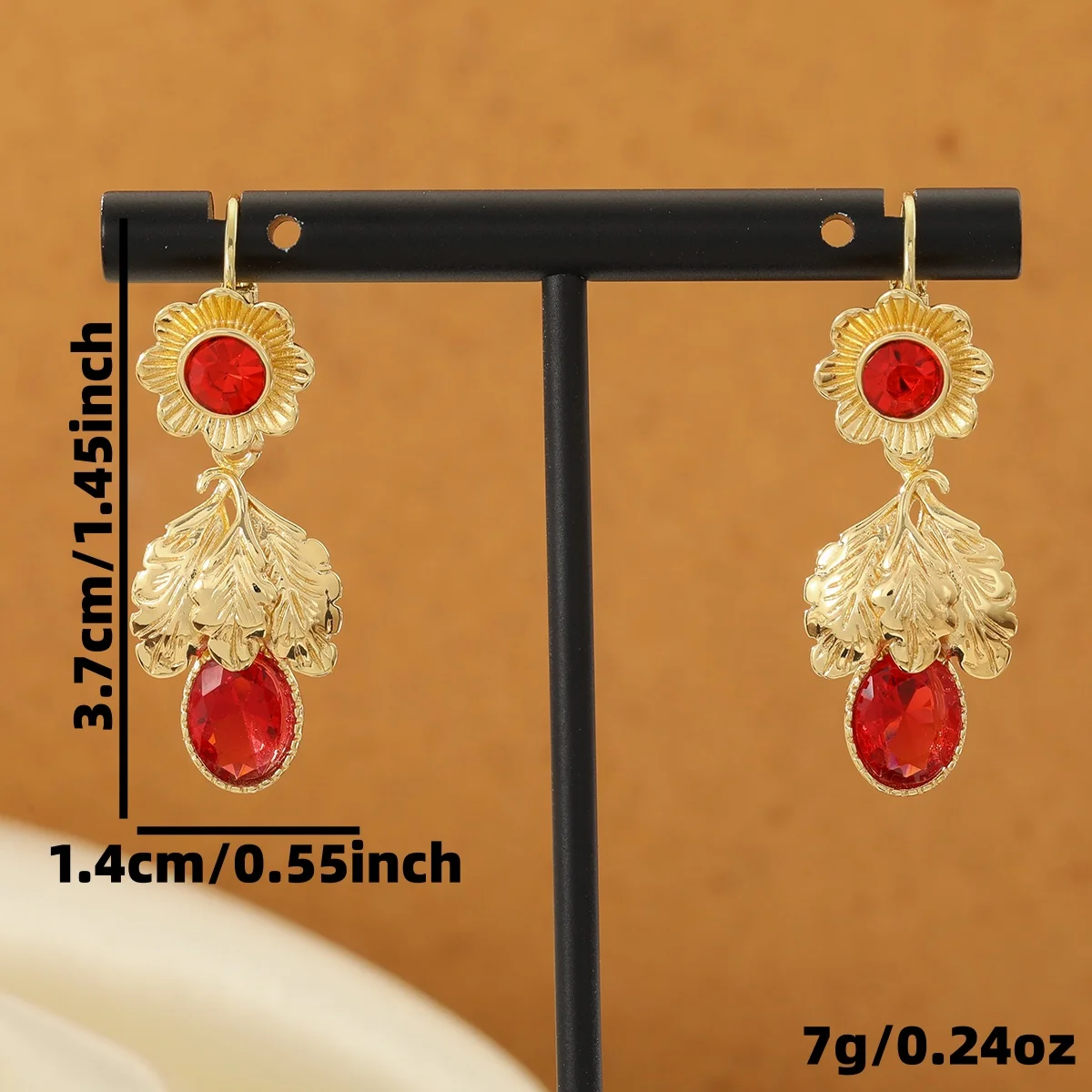 Vintage Court Copper Dangle Earrings with Floral Leaf Design & Red Artificial Gems, Fit Banquets and Dinners. view 5