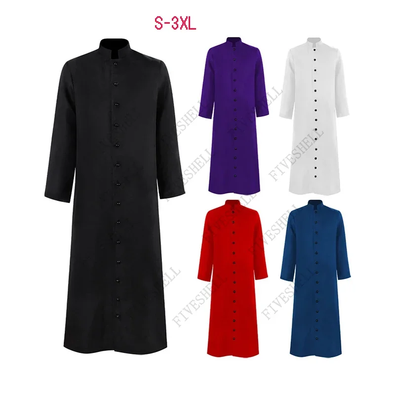 Medieval Church Priest Robe Trench Jacket Cassock Clergy  Preacher Men Stand Collar Single Breasted Minister Choir Roman Pastor