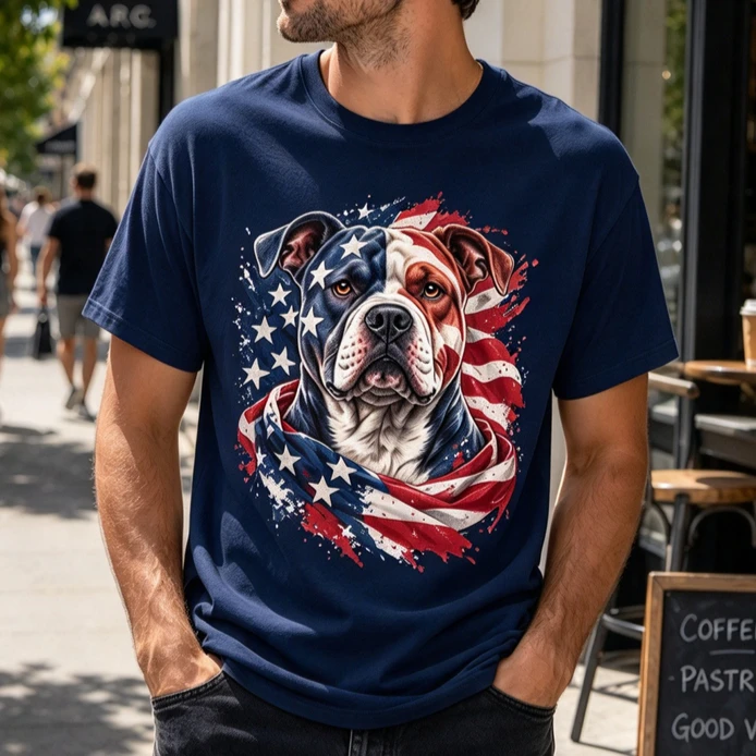 American Flag Pitbull Dog T Shirt Men Patriotic USA Flag Pitbull Graphic Tee Casual Short Sleeve Cotton Tshirt 4th of July Gift