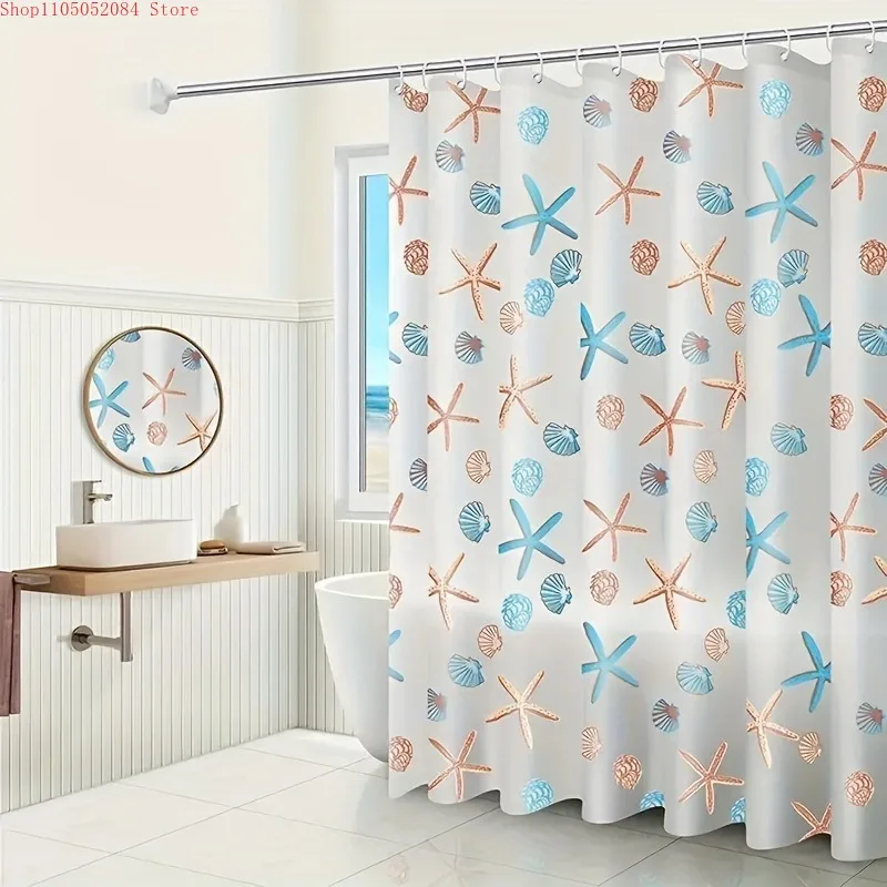 red blue shell plastic shower curtain set featuring   -   With Hooks Waterproof Mildew Proof Easy Install Washable