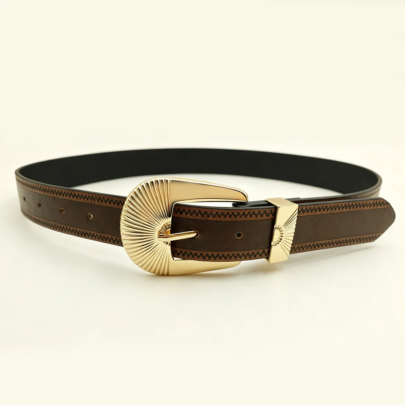Western Sun‑Ray Gold Pin Buckle Women Wide Belt, Zigzag Embossed Edge Pu Leather Waist Belt for Dresses Jeans