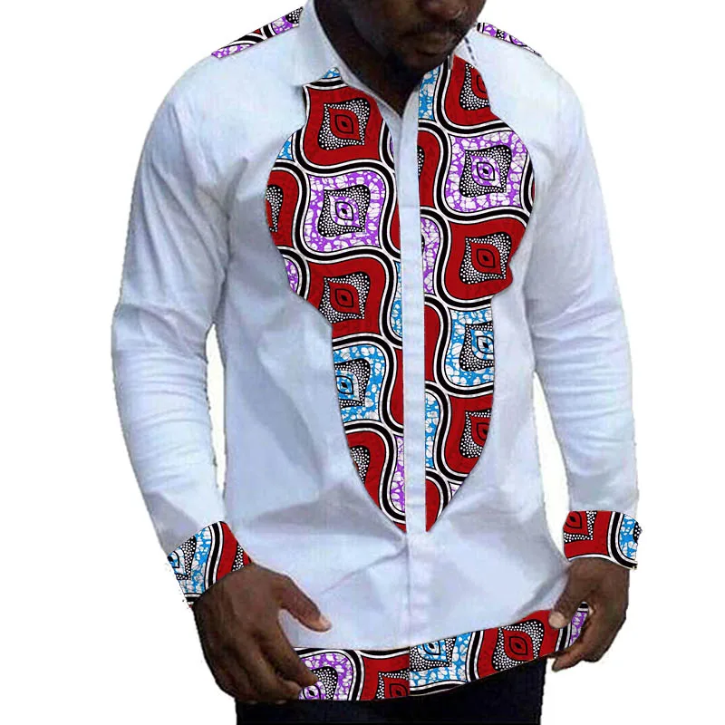 African Clothing Men\'s Shirt Print Wax On White Patchwork Design Lapel Tops Nigerian Fashion Male Groom Wear