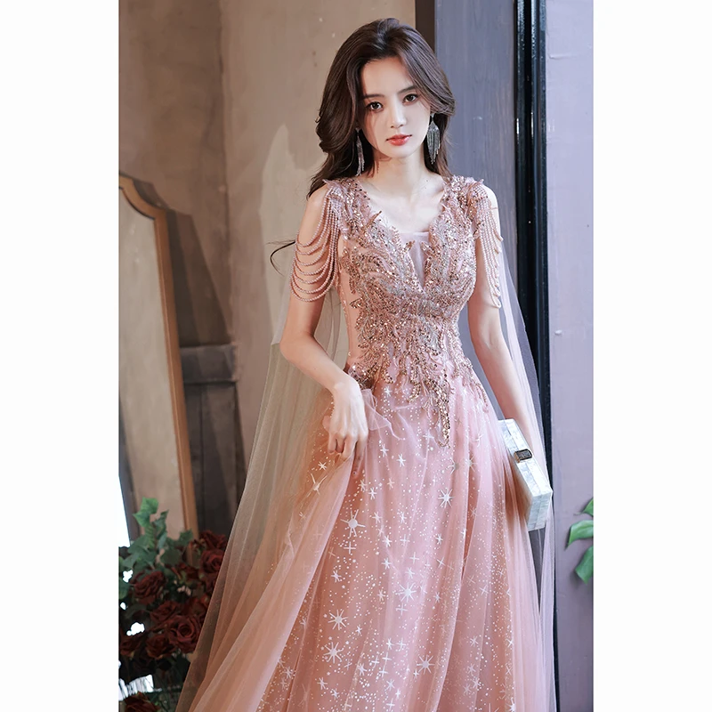 Robe de soiree V-Neck Luxury Mesh Shawl Evening Dress Female Light Banquet Temperament Host Party Prom Gown Vestidos De Gala